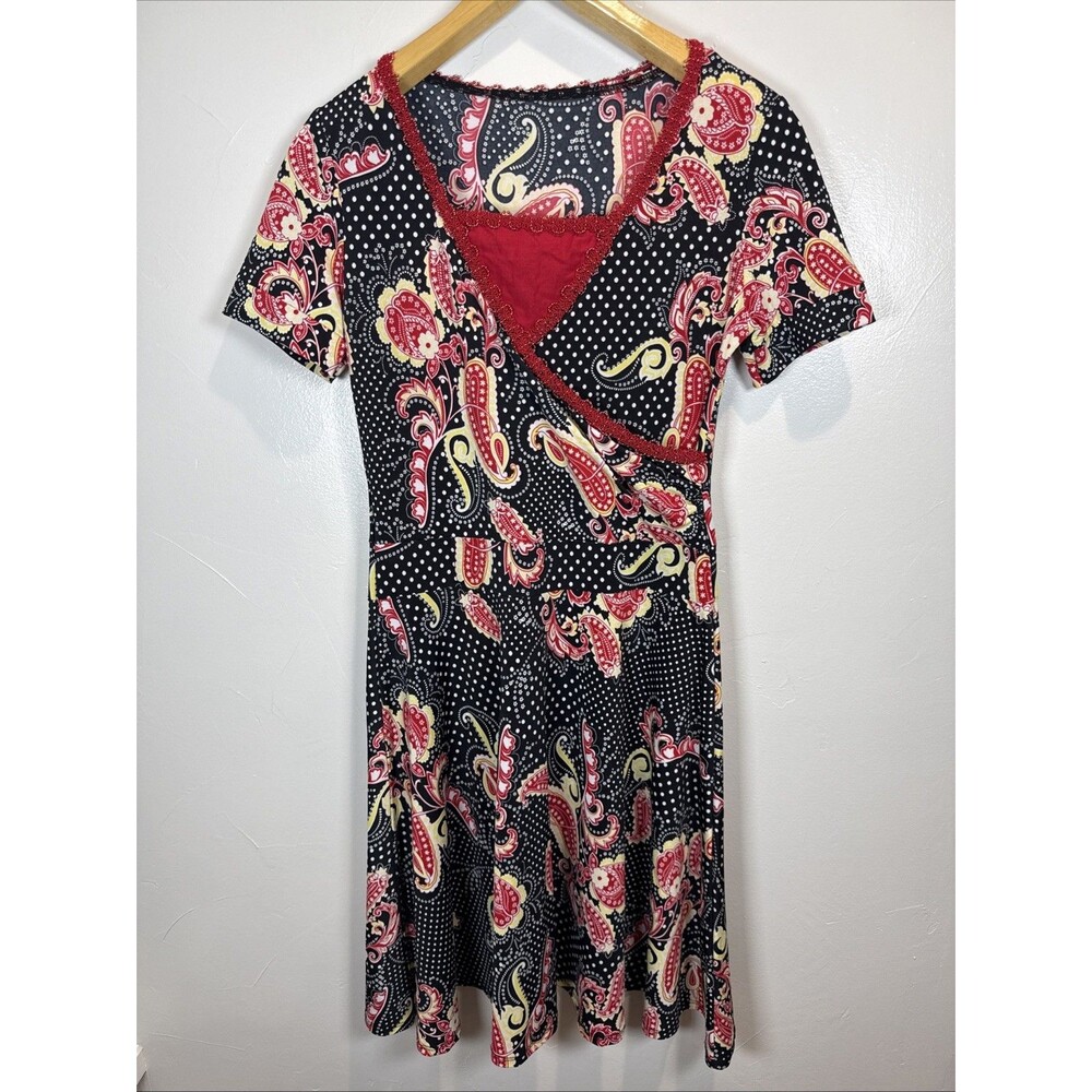 Paisley Floral Dress Retro Rock A Billy Colorful Size XS? Faux Wrap - Picture 2 of 9